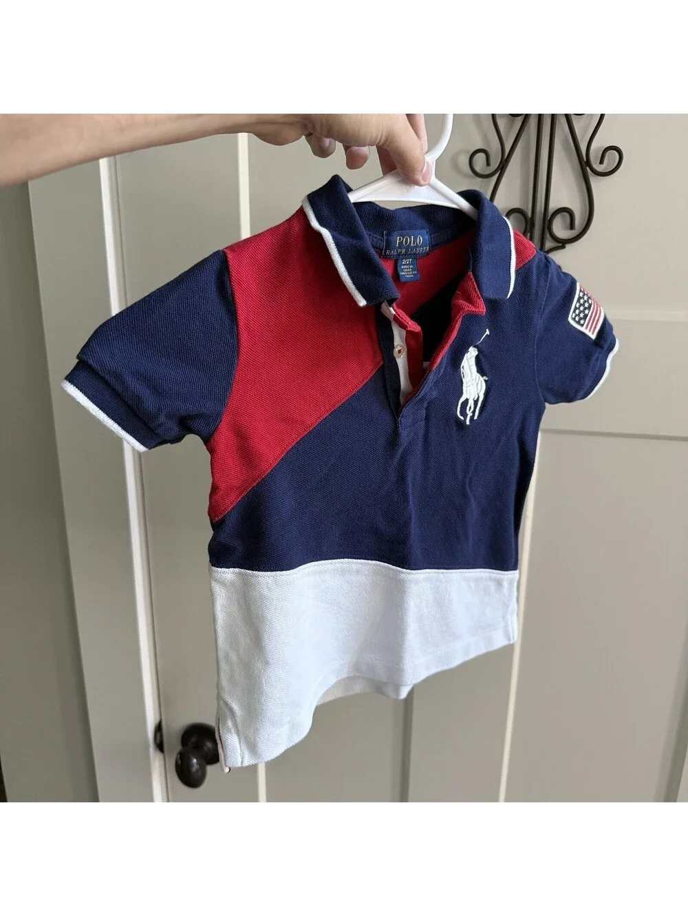 Polo Ralph Lauren Boys 2T Big Pony USA Flag Colorblock Polo Shirt Red White Blue